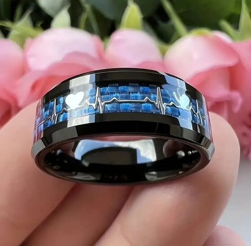 Men's 8mm Tungsten Beveled Edges Gradient Blue EKG Lifeline Heart Wedding Band